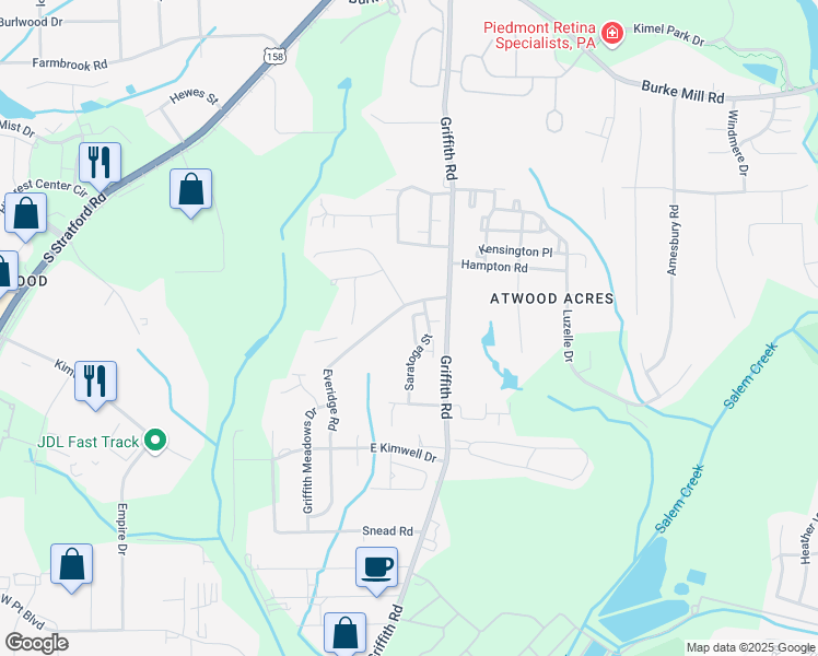 map of restaurants, bars, coffee shops, grocery stores, and more near 445 Everidge Road in Winston-Salem