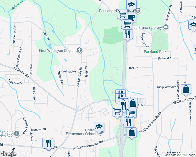 map of restaurants, bars, coffee shops, grocery stores, and more near 1760 South Street in Winston-Salem