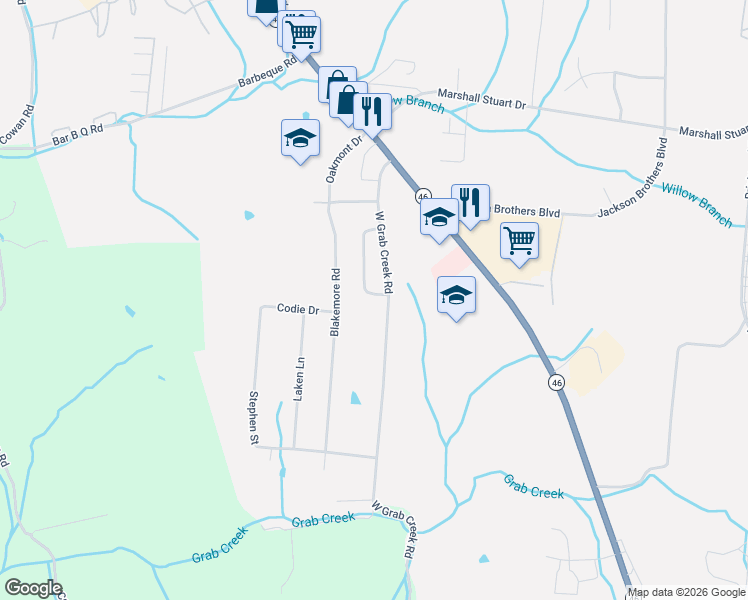 map of restaurants, bars, coffee shops, grocery stores, and more near 801 Blakemore Road in Dickson