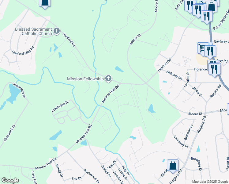 map of restaurants, bars, coffee shops, grocery stores, and more near 512 Monroe Holt Road in Graham