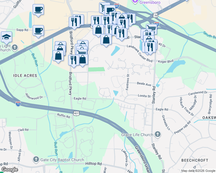 map of restaurants, bars, coffee shops, grocery stores, and more near 208 Madison Square Avenue in Greensboro