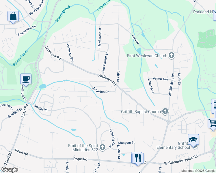 map of restaurants, bars, coffee shops, grocery stores, and more near 100 Braeburn Drive in Winston-Salem