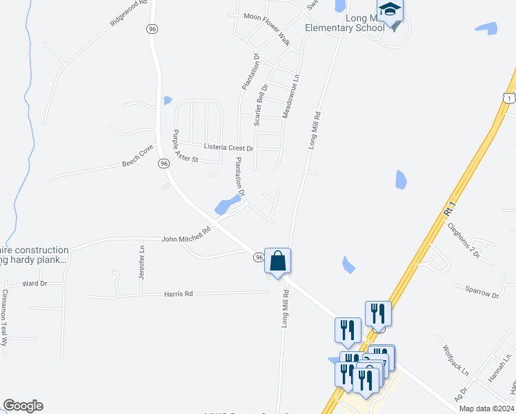 map of restaurants, bars, coffee shops, grocery stores, and more near 249 Plantation Drive in Youngsville