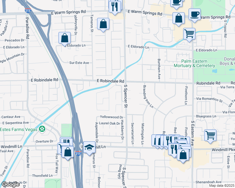 map of restaurants, bars, coffee shops, grocery stores, and more near 7756 South Round Court in Las Vegas