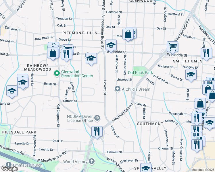 map of restaurants, bars, coffee shops, grocery stores, and more near 1571 Lovett Street in Greensboro