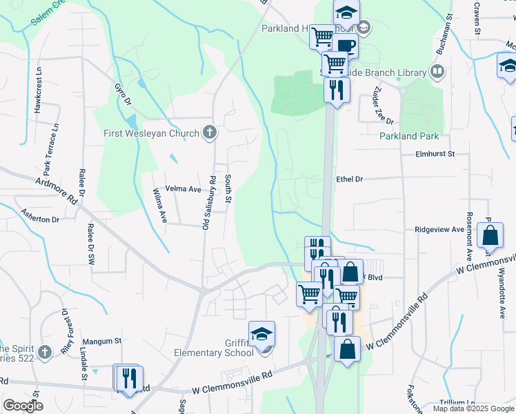 map of restaurants, bars, coffee shops, grocery stores, and more near 1760 South Street in Winston-Salem