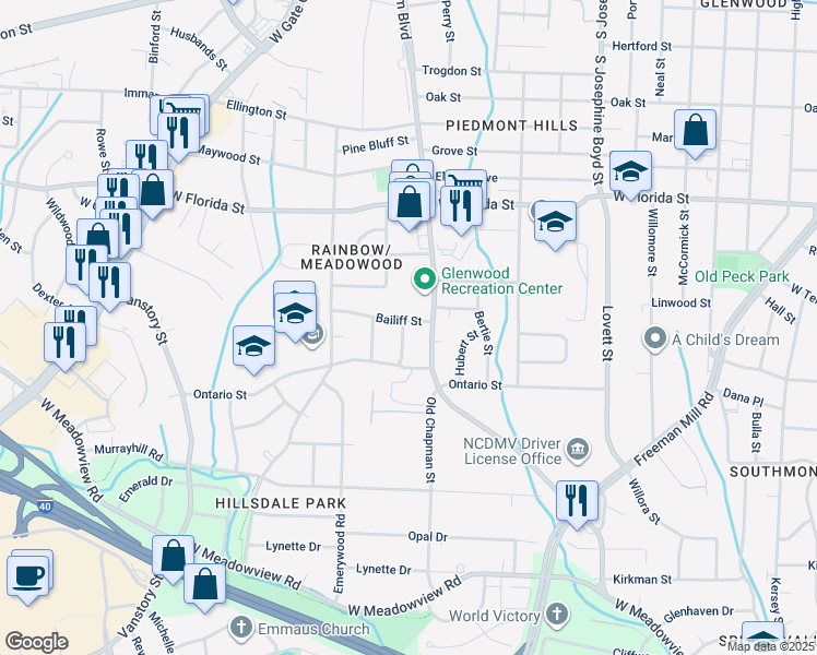 map of restaurants, bars, coffee shops, grocery stores, and more near 2201 Saint Mark Road in Greensboro
