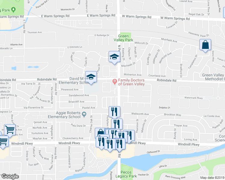 map of restaurants, bars, coffee shops, grocery stores, and more near 2660 Ridgewater Circle in Henderson