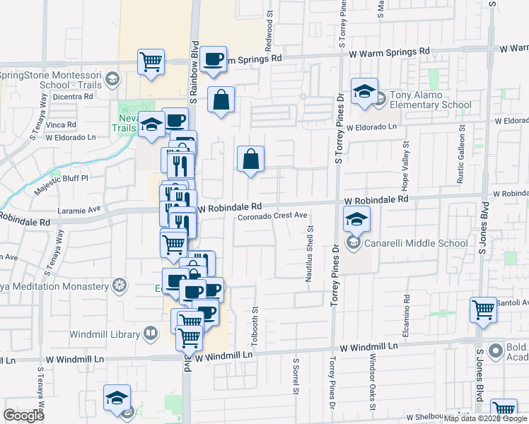 map of restaurants, bars, coffee shops, grocery stores, and more near 6705 Coronado Crest Avenue in Las Vegas
