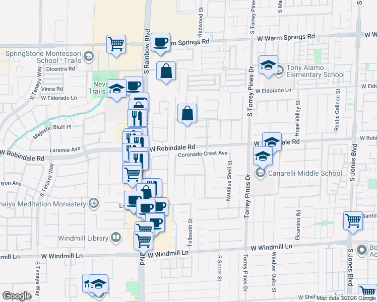 map of restaurants, bars, coffee shops, grocery stores, and more near 6705 Coronado Crest Avenue in Las Vegas