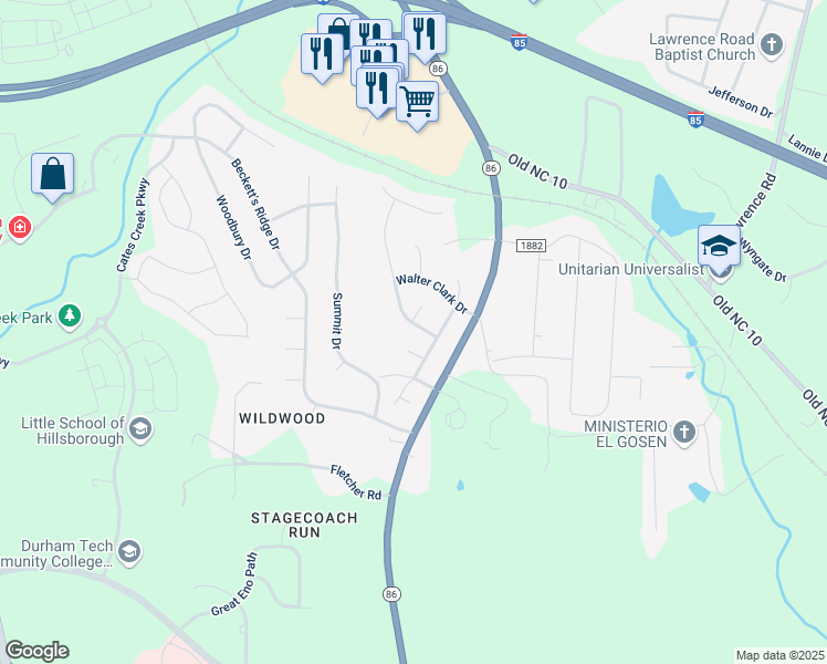 map of restaurants, bars, coffee shops, grocery stores, and more near 1108 Joseph Johnston Court in Hillsborough