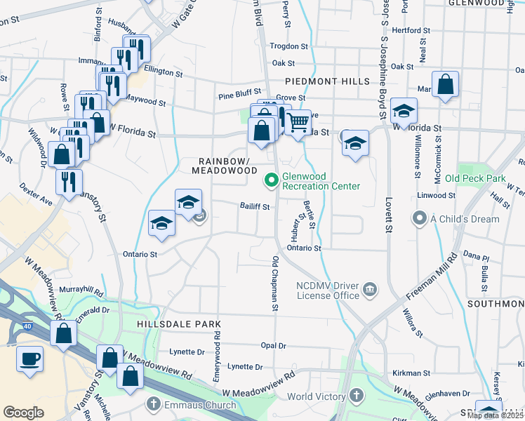 map of restaurants, bars, coffee shops, grocery stores, and more near 2201 Saint Mark Road in Greensboro