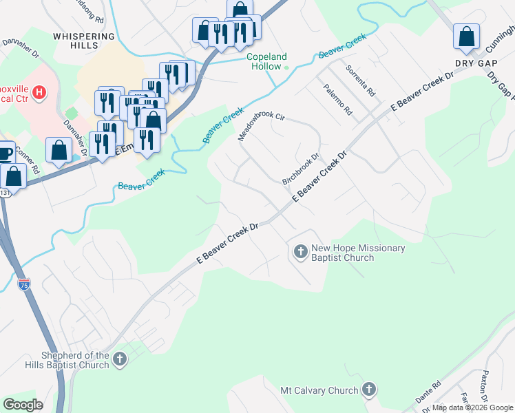 map of restaurants, bars, coffee shops, grocery stores, and more near 701 East Beaver Creek Drive in Knoxville