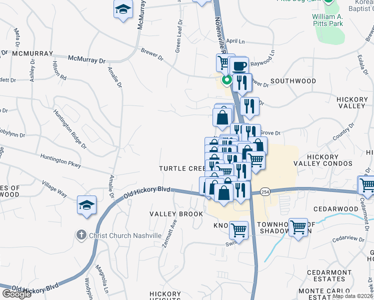 map of restaurants, bars, coffee shops, grocery stores, and more near 511 Hickoryview Drive in Nashville