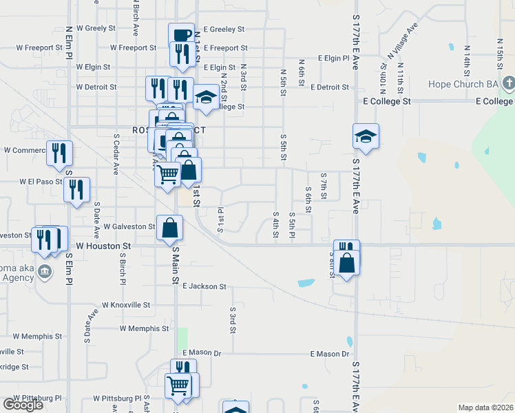 map of restaurants, bars, coffee shops, grocery stores, and more near 606 East Houston Drive in Broken Arrow