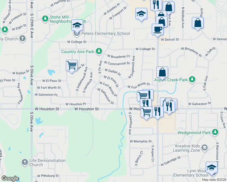 map of restaurants, bars, coffee shops, grocery stores, and more near 2600 West Fort Worth Place in Broken Arrow