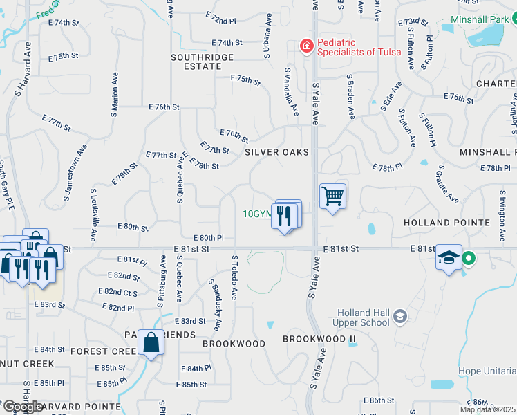 map of restaurants, bars, coffee shops, grocery stores, and more near 15 Country Hollow Apartment in Tulsa