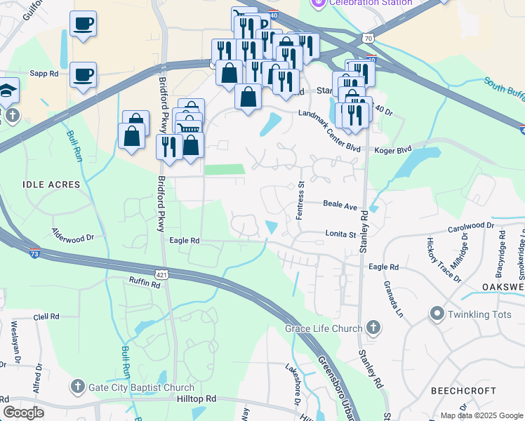 map of restaurants, bars, coffee shops, grocery stores, and more near 237 Malamute Lane in Greensboro
