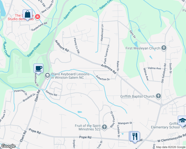 map of restaurants, bars, coffee shops, grocery stores, and more near 1674 Asherton Drive in Winston-Salem
