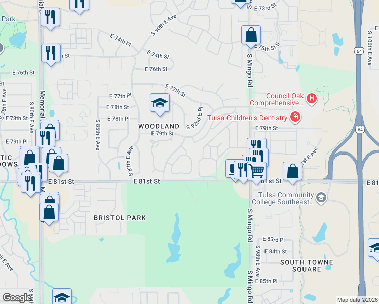 map of restaurants, bars, coffee shops, grocery stores, and more near 7915 South 92nd East Court in Tulsa