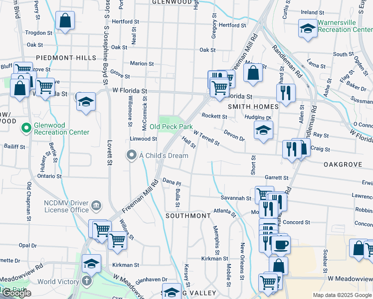 map of restaurants, bars, coffee shops, grocery stores, and more near 2007 Todd Street in Greensboro