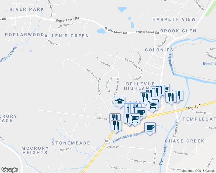 map of restaurants, bars, coffee shops, grocery stores, and more near 6520 Chessington Drive in Nashville