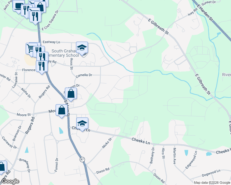 map of restaurants, bars, coffee shops, grocery stores, and more near 506 Winesap Drive in Graham