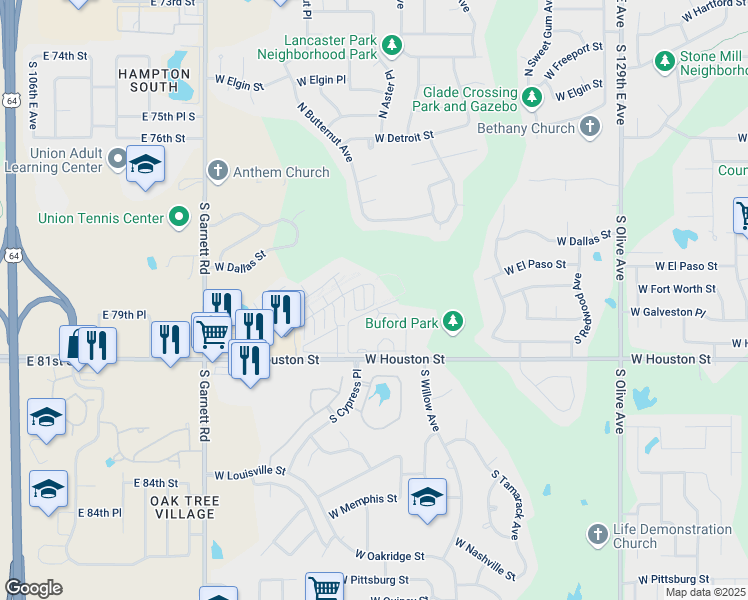map of restaurants, bars, coffee shops, grocery stores, and more near 404 South Aster Avenue in Broken Arrow