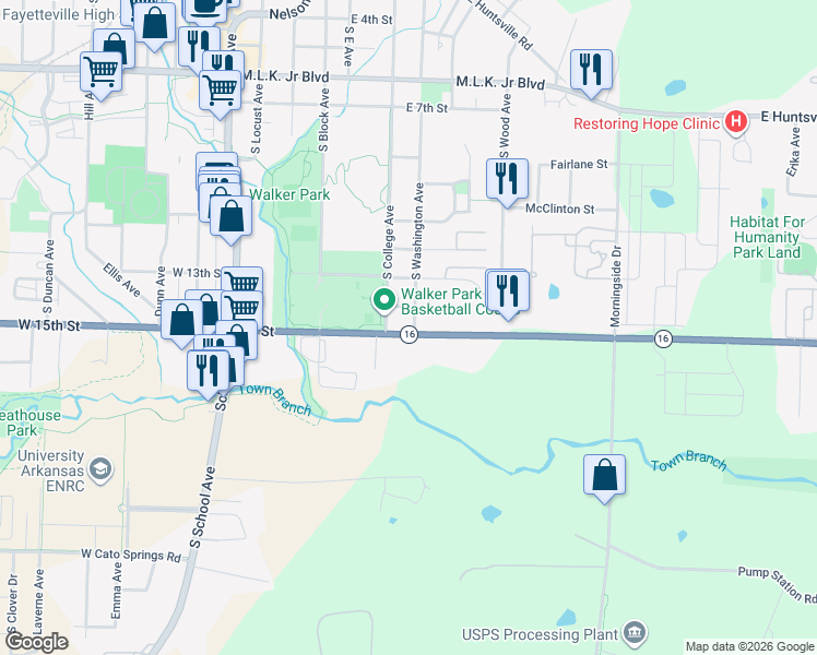 map of restaurants, bars, coffee shops, grocery stores, and more near 1500 South College Avenue in Fayetteville