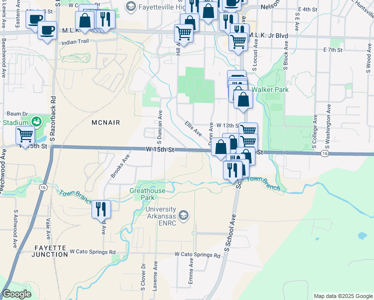 map of restaurants, bars, coffee shops, grocery stores, and more near 729 West 15th Street in Fayetteville