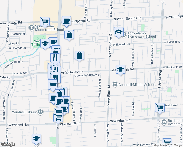 map of restaurants, bars, coffee shops, grocery stores, and more near 6634 Coronado Crest Avenue in Las Vegas