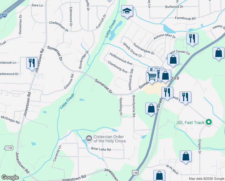 map of restaurants, bars, coffee shops, grocery stores, and more near 750 Somerset Drive in Winston-Salem