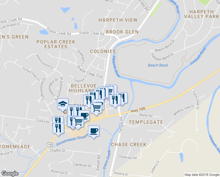 map of restaurants, bars, coffee shops, grocery stores, and more near 801 Silkwood Drive in Nashville