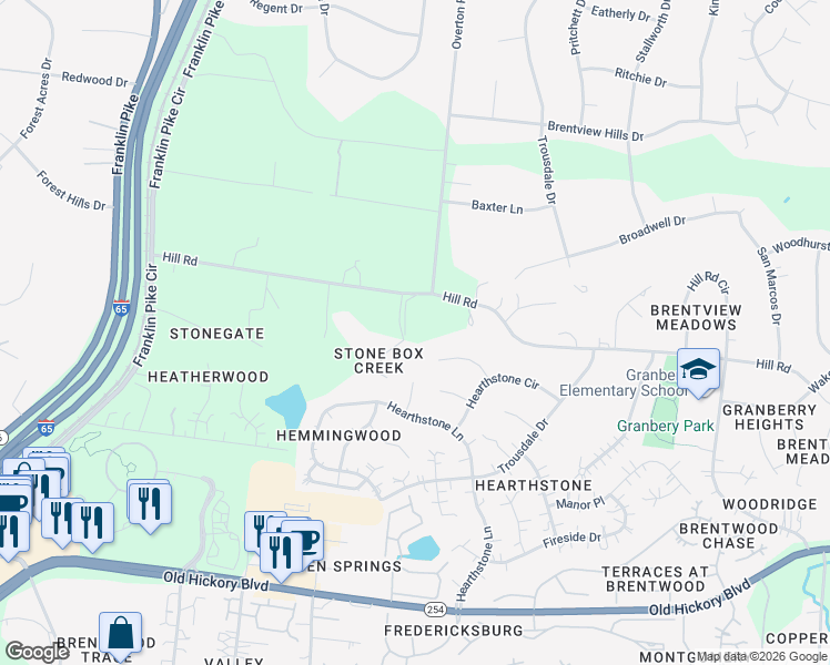 map of restaurants, bars, coffee shops, grocery stores, and more near 711 Hill Road in Brentwood