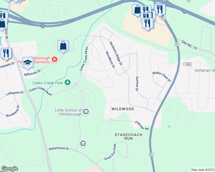 map of restaurants, bars, coffee shops, grocery stores, and more near 356 Papyrus Place in Hillsborough