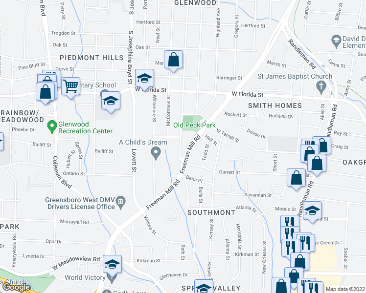 map of restaurants, bars, coffee shops, grocery stores, and more near 1931 Freeman Mill Road in Greensboro