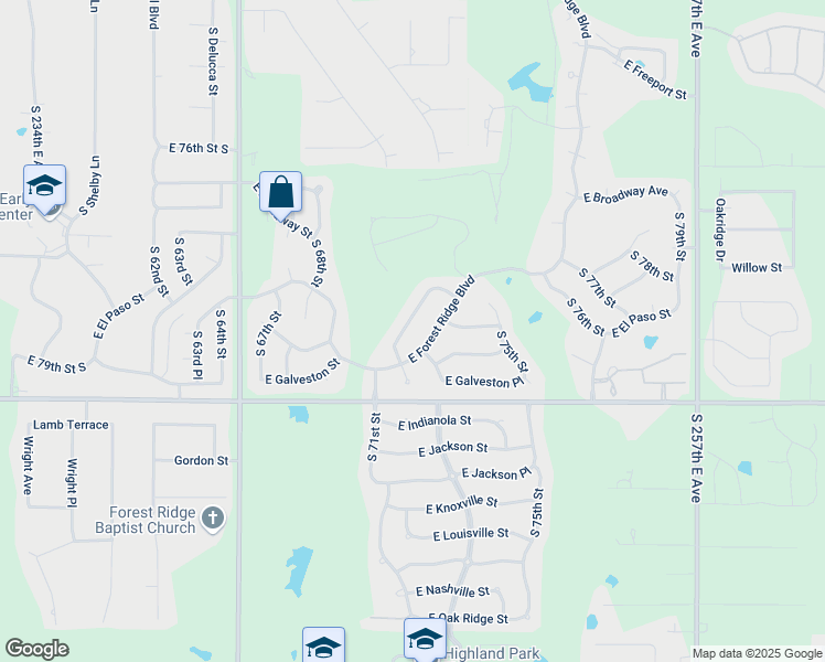 map of restaurants, bars, coffee shops, grocery stores, and more near 7304 East Forest Ridge Boulevard in Broken Arrow