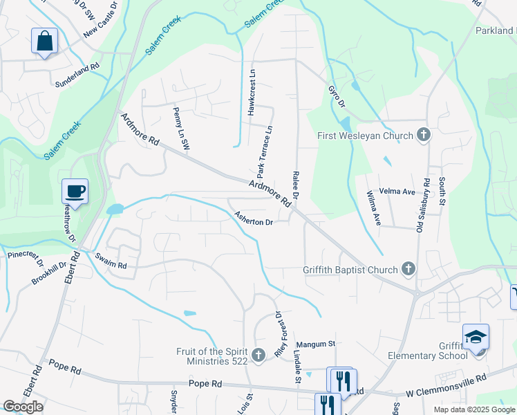 map of restaurants, bars, coffee shops, grocery stores, and more near 125 Braeburn Drive in Winston-Salem