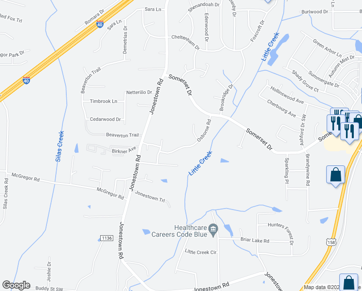 map of restaurants, bars, coffee shops, grocery stores, and more near 529 Osborne Road in Winston-Salem