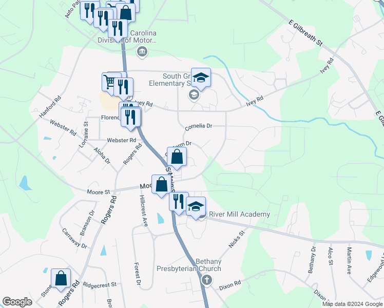 map of restaurants, bars, coffee shops, grocery stores, and more near 1126 Southwood Drive in Graham