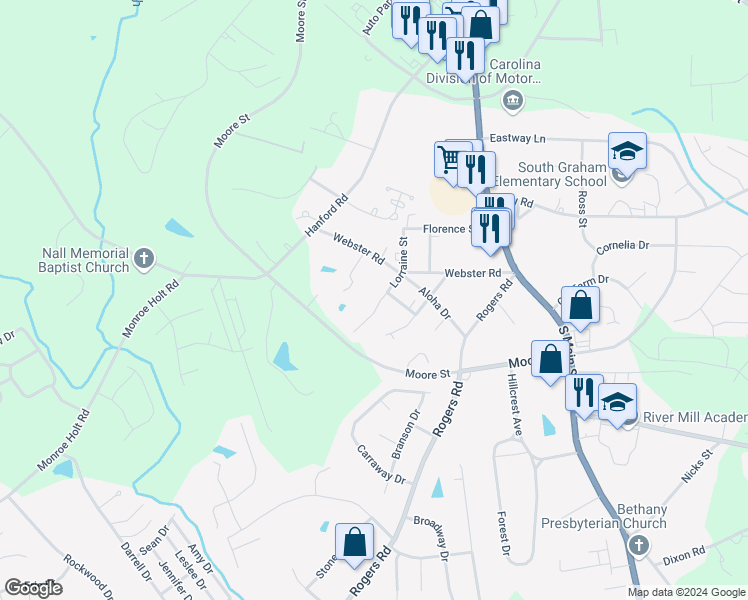 map of restaurants, bars, coffee shops, grocery stores, and more near 1115 Lorraine Street in Graham