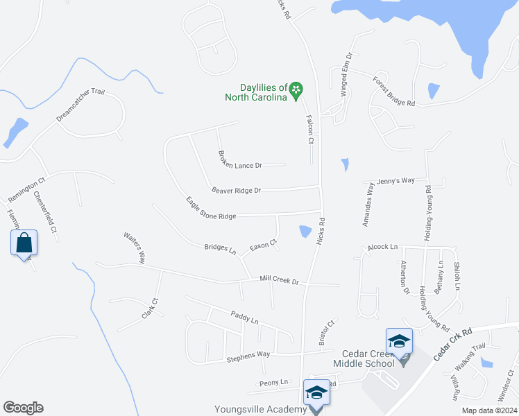 map of restaurants, bars, coffee shops, grocery stores, and more near 125 Eagle Stone Ridge in Youngsville