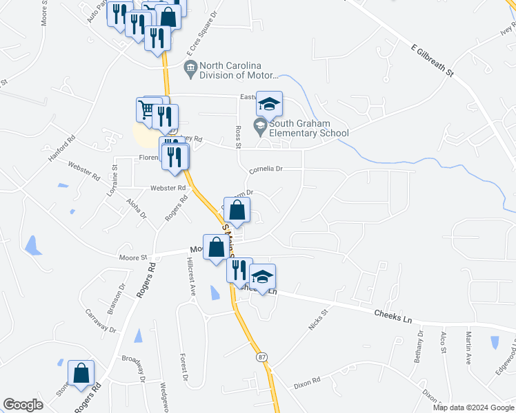 map of restaurants, bars, coffee shops, grocery stores, and more near 1126 Southwood Drive in Graham