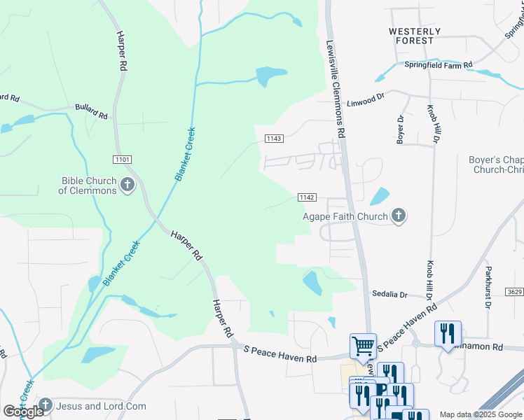 map of restaurants, bars, coffee shops, grocery stores, and more near 6975 Culler Road in Clemmons
