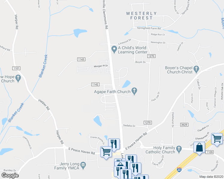 map of restaurants, bars, coffee shops, grocery stores, and more near 6804 Wingrave Road in Clemmons