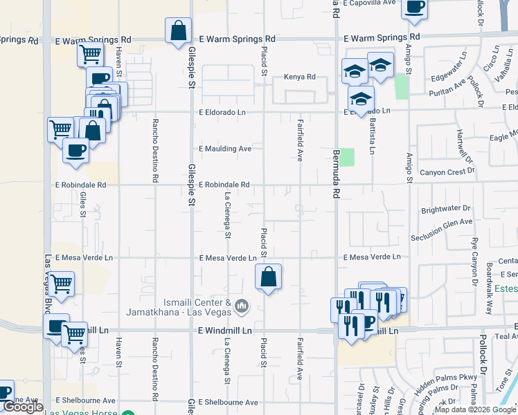 map of restaurants, bars, coffee shops, grocery stores, and more near 7728 Placid Street in Las Vegas