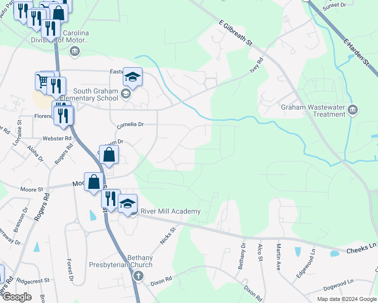 map of restaurants, bars, coffee shops, grocery stores, and more near 607 Hertford Lane in Graham