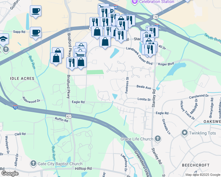 map of restaurants, bars, coffee shops, grocery stores, and more near 241 Malamute Lane in Greensboro