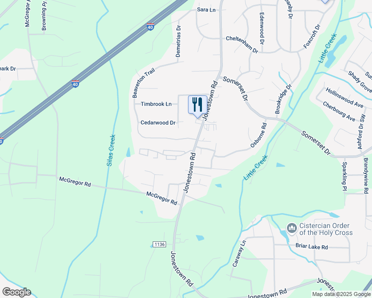 map of restaurants, bars, coffee shops, grocery stores, and more near 1100 Barbara Ann Circle in Winston-Salem