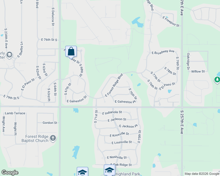 map of restaurants, bars, coffee shops, grocery stores, and more near 7304 East Forest Ridge Boulevard in Broken Arrow